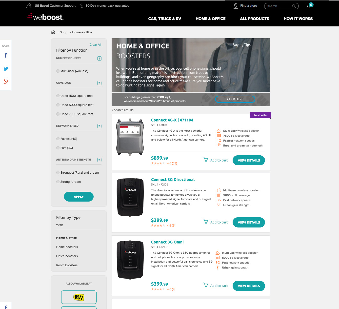 weBoost category page test, horizontal layout, var A